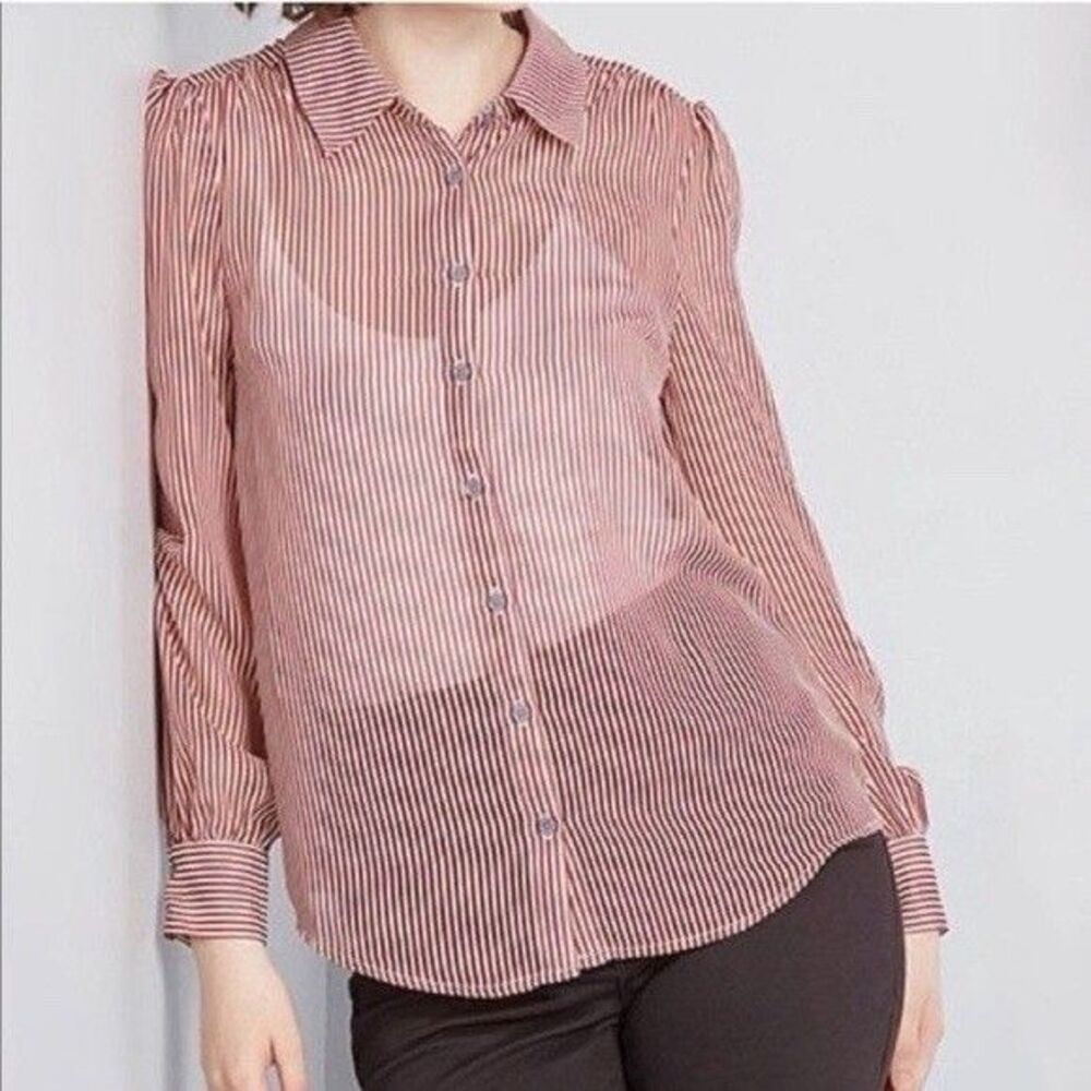 ModCloth Burgundy Red & Cream Striped Sheer Button Up Blouse Shirt Women’s 1X